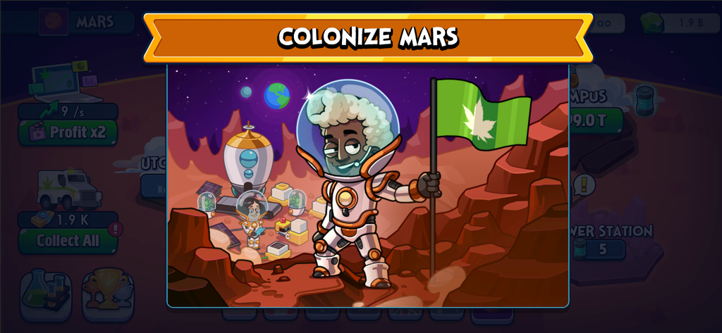 An astronaut character holding a green marijuana leaf flag on Mars in Weed Inc Idle Tycoon.