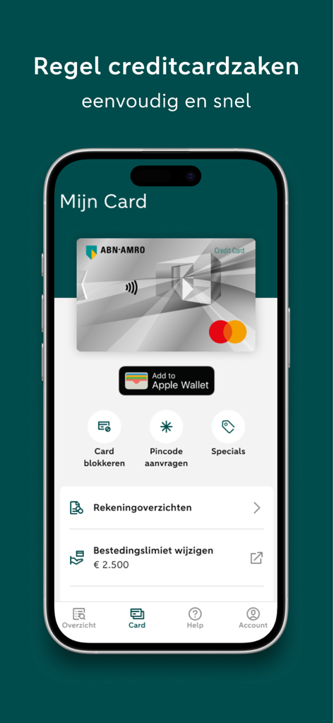 ABN AMRO Creditcard - Interface of the ABN AMRO Creditcard app showing a Mastercard and options to manage spending limits and block the card
