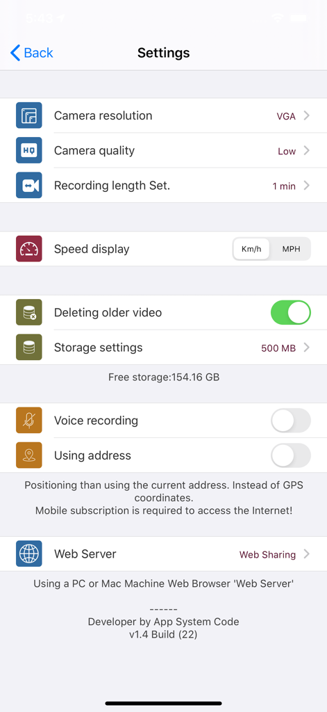 Settings menu of the Car Video Record dashcam app showing recording and storage options