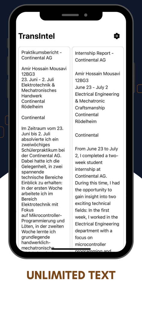 TransIntel - Translation AI - TransIntel app interface showing a side by side German to English translation of an internship report