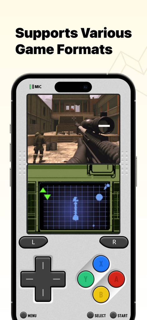 iPhone screen displaying a retro gaming emulator with dual-screen gameplay and a classic virtual controller