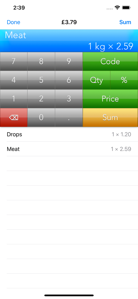 MyInvoice app mobile POS terminal interface showing a checkout with added items and a numeric keypad