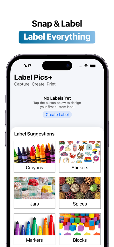 Main screen of the Label Pics plus app for creating photo labels with category suggestions like crayons and spices