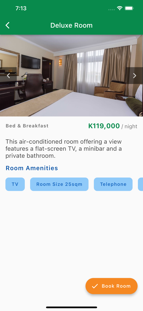 Sunbird Hotels & Resorts - La aplicación Sunbird Hotels and Resorts muestra los detalles de la habitación de lujo y la opción de reserva