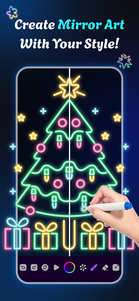 Neon Lines: Magical Drawing - Una mano dibujando un árbol de Navidad de neón brillante usando la función de arte espejo en una pantalla de móvil