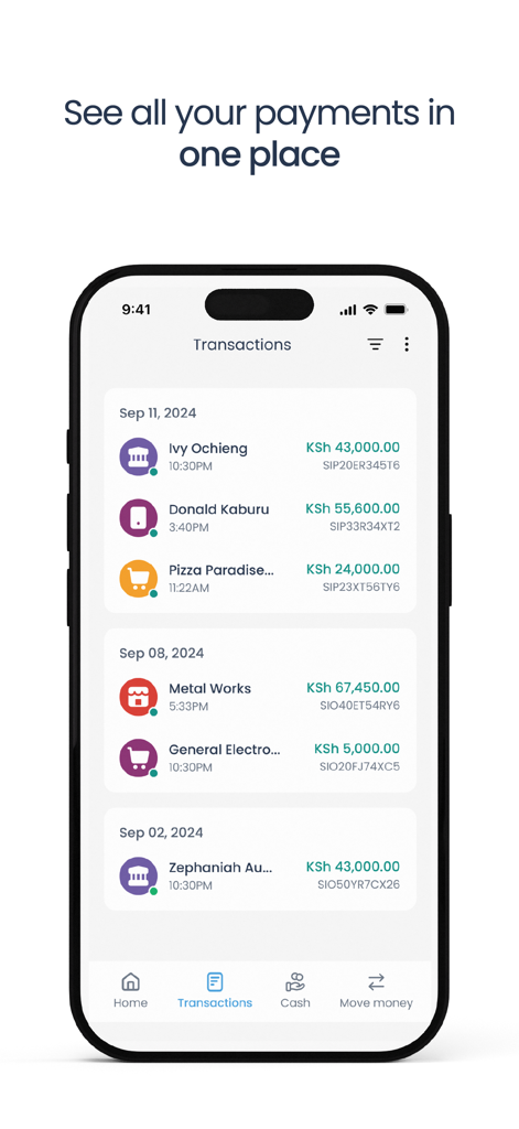 Mobile app screen showing a list of business transactions and payments in Kenyan Shillings
