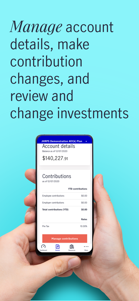 John Hancock Retirement app interface displaying account balance and contribution details