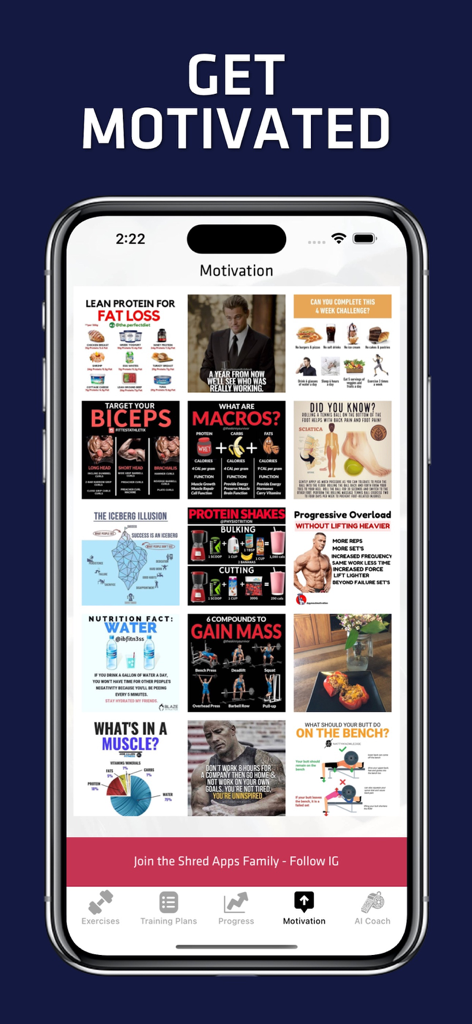 Smartphone screen showing a motivation feed with fitness tips and nutrition advice in the Gym Workout Planner for Women app.