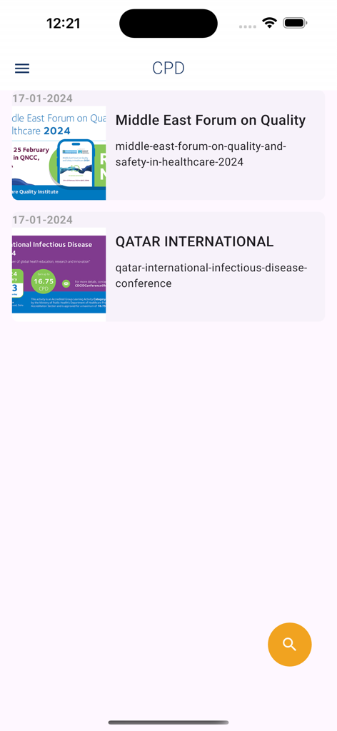 A list of CPD professional development events and healthcare conferences for nurses in the UNIQ Qatar app