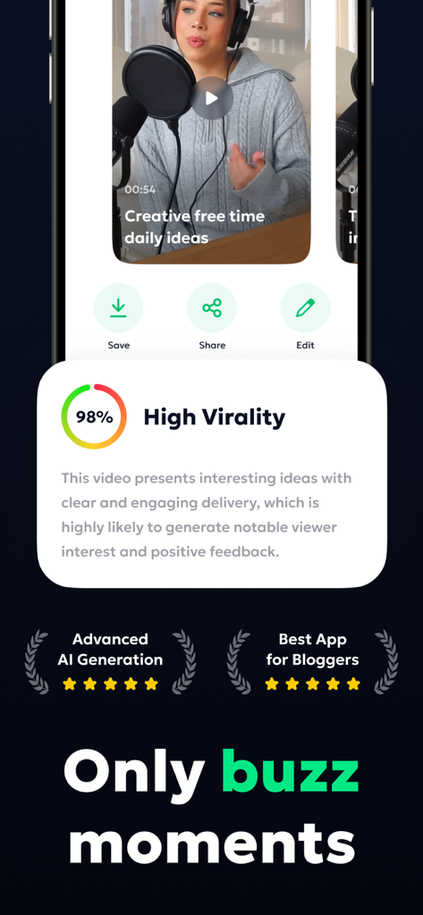 Munch Clip app interface showing a 98 percent high virality score for a short video clip with AI editing features