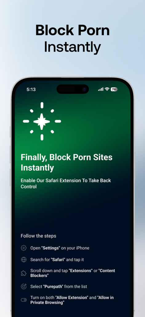 Purepath - Quit Porn Now - Purepath App-Bildschirm mit Anweisungen zum Aktivieren der Safari-Inhaltsblockierungs-Erweiterung auf dem iPhone