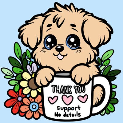 a really cute puppy holding a thank you for support mug with flowers everywhere