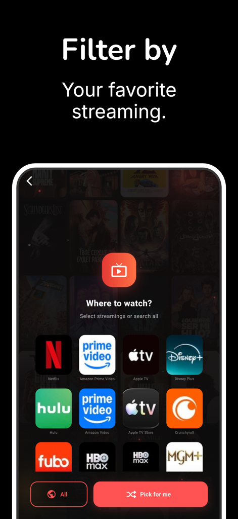 Cinefy - Where to Watch - Tela do celular mostrando uma variedade de ícones de serviços de streaming como Netflix e Disney Plus para filtrar resultados de pesquisa.