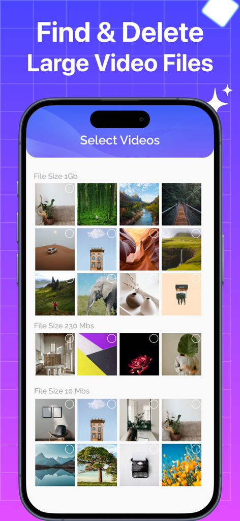 Phone Storage - Junk Removal - Interface showing large video files categorized by size for easy selection and deletion to free up space
