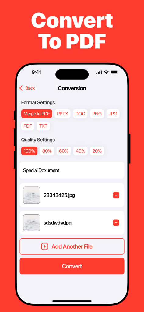 PDF Converter: Convert to PDFㅤ - Interfaccia di Convertitore PDF su iPhone che mostra impostazioni per unire più immagini in un unico PDF con opzioni di qualità
