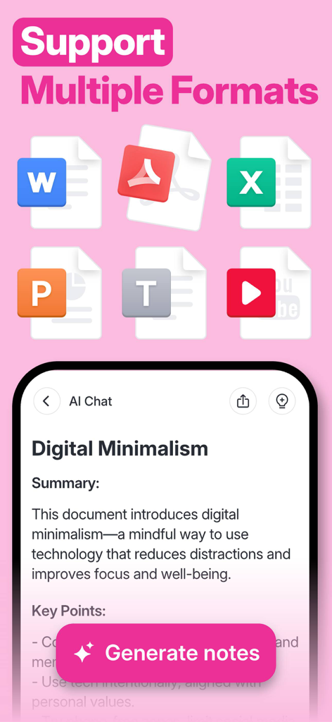 AI Notes Voice to Text, Renote - Interfaz de la aplicación Renote que muestra soporte para múltiples formatos de archivo y un resumen generado por IA de un documento