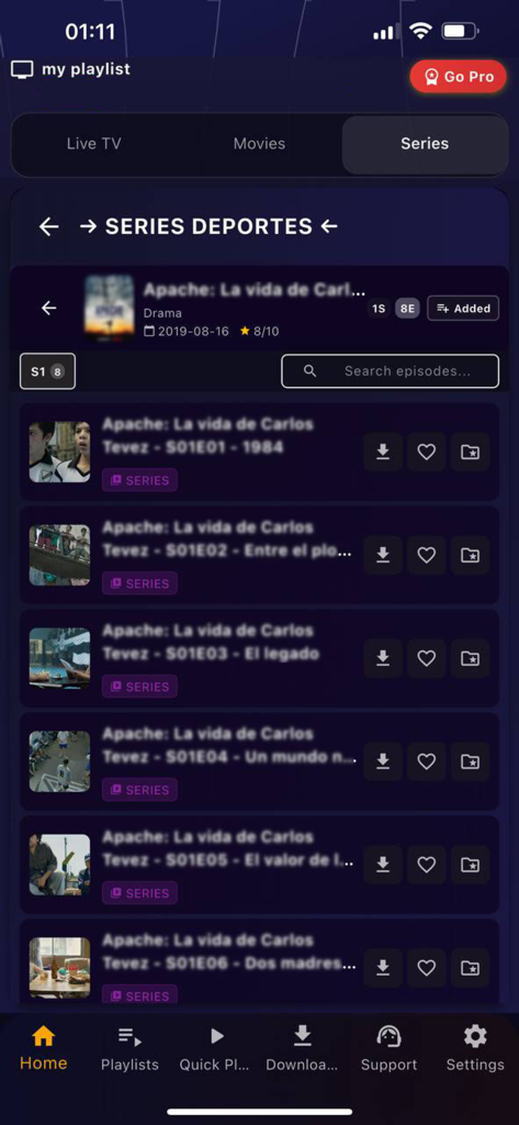 Interfaz de GSE IPTV Player Smarters Pro mostrando una lista de episodios de una serie de televisión.