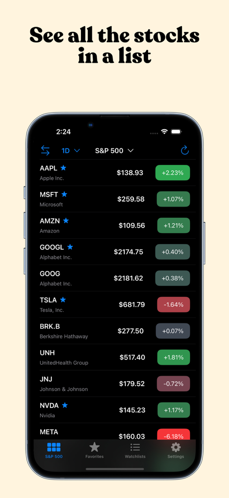 Stock Map app interface showing a list of S&P 500 stocks with real time prices and daily performance