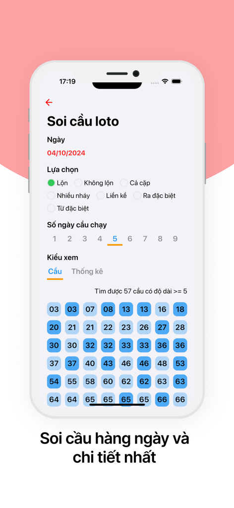 Daily lottery prediction screen in the Xo So VIP app showing a grid of analyzed numbers.