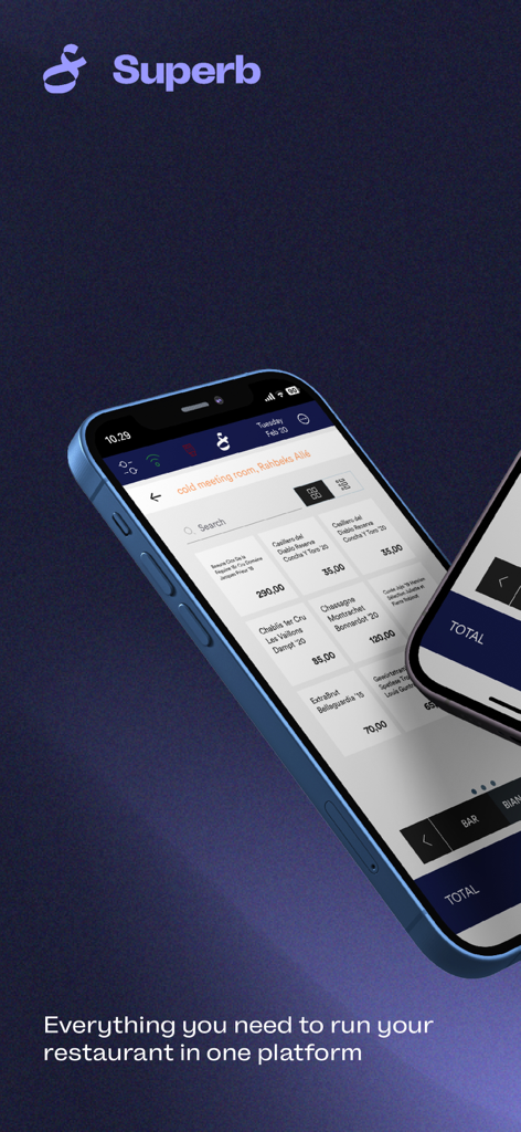 Superb POS - Interfaz de la aplicación móvil Superb POS en un iPhone para operaciones de restaurantes