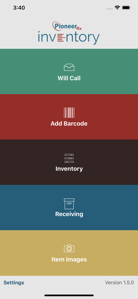PioneerRx Mobile Inventory - PioneerRx Mobile Inventory app main menu dashboard showing pharmacy management features like Will Call and Inventory.