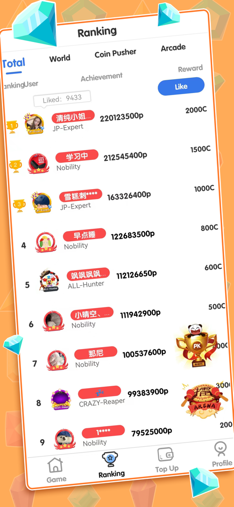 In-game ranking screen showing top players achievements and rewards in the Coin Machine app.