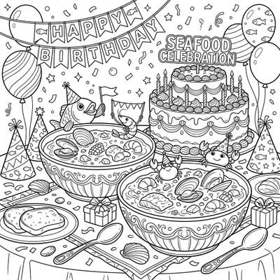 Get ready for a unique birthday bash with this delightful seafood chowder coloring page! Featuring festive sea creatures, a grand cake, and delicious bowls of chowder, it's perfect for celebrating a special day.
