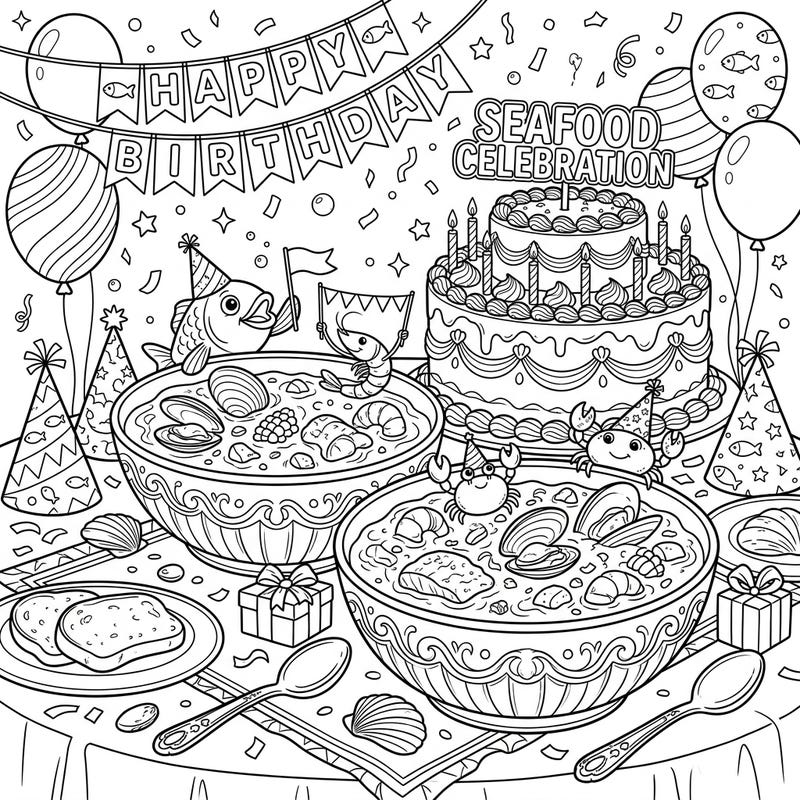 Get ready for a unique birthday bash with this delightful seafood chowder coloring page! Featuring festive sea creatures, a grand cake, and delicious bowls of chowder, it's perfect for celebrating a special day.