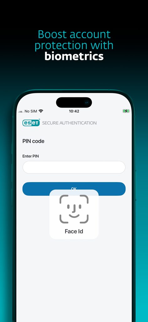 ESET Secure Authentication - ESET Secure Authentication app interface showing Face ID login for account protection