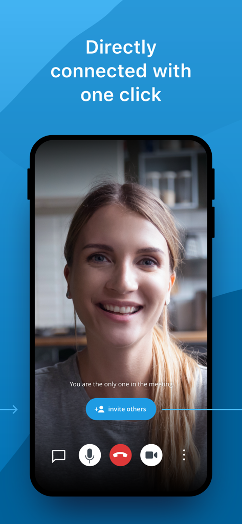 Hostpoint Meet - Hostpoint Meet App-Oberfläche zeigt eine lächelnde Frau in einem Videoanruf mit der Meldung Ein-Klick-Verbindung.