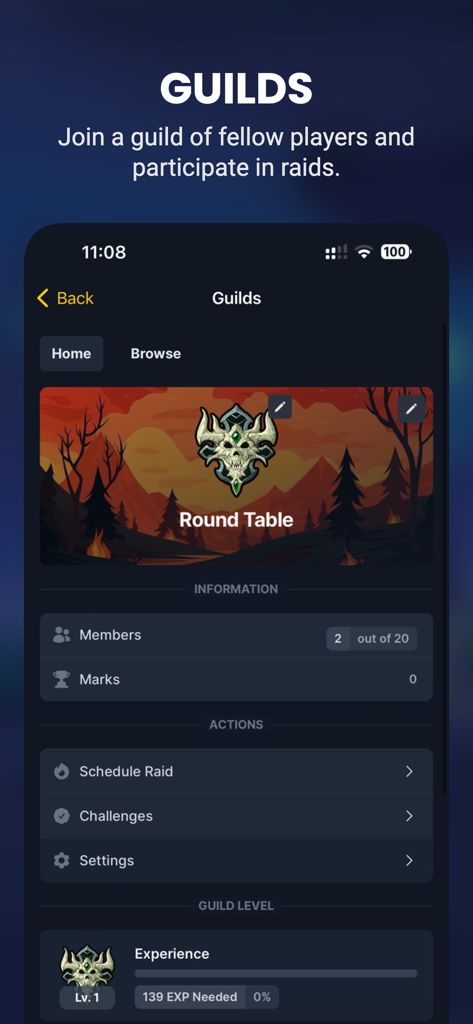 IdleMMO - Online Idle RPG - Guild management screen in the IdleMMO mobile app showing guild information and raid options.