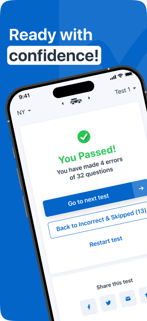 DMV WRITTEN TEST - Mobile app screen showing a passing result for a New York DMV practice test with a green checkmark and the text You Passed