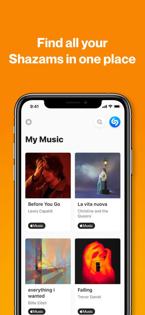 A screenshot of the Shazam app library showing a collection of identified songs under the My Music section.