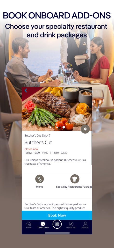 MSC for Me - MSC for Me app screen for booking a specialty steakhouse restaurant onboard