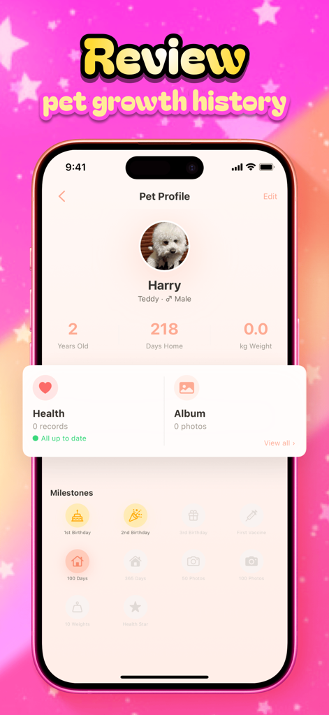 Juno - Partner Profile - Juno app pet profile dashboard showing growth statistics and a milestones archive for a dog named Harry.
