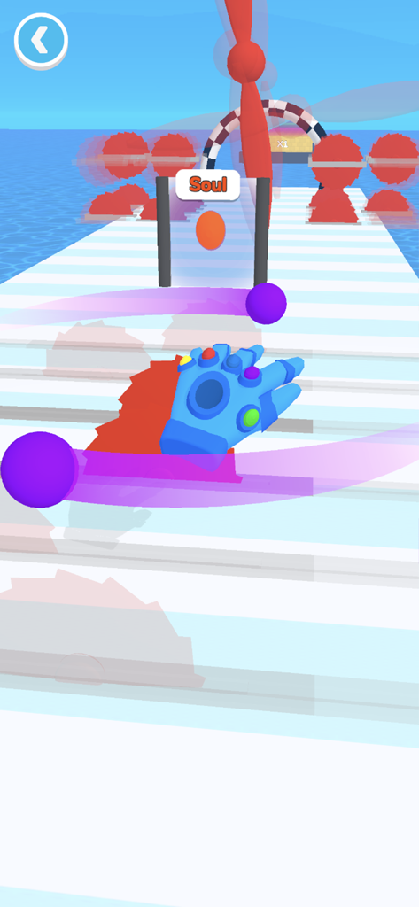 A blue magic glove moving through a runner level towards a soul gem gate in the Glove Power game.