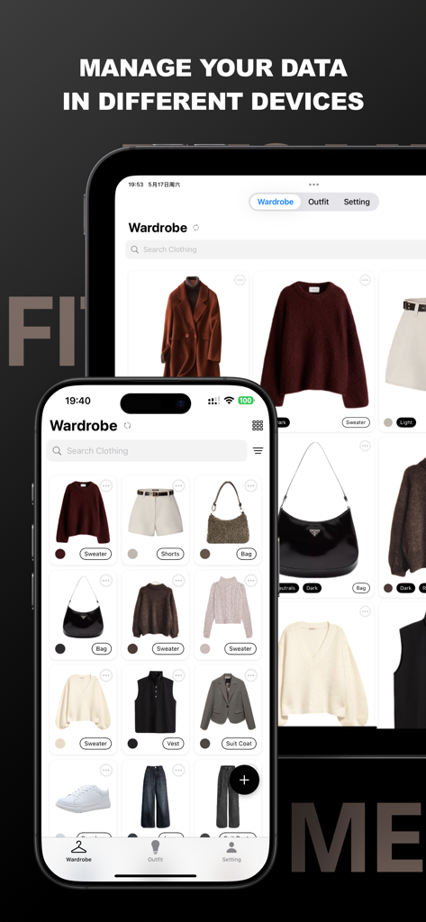 FITS ME - AI Closet - FITS ME AI Closet app showing digital wardrobe synchronization across iPhone and iPad
