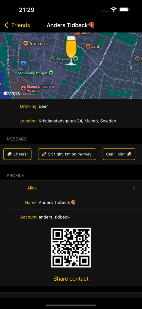 Interface of Beer With Me app showing a friend's location on a map with status drinking beer and quick reply options