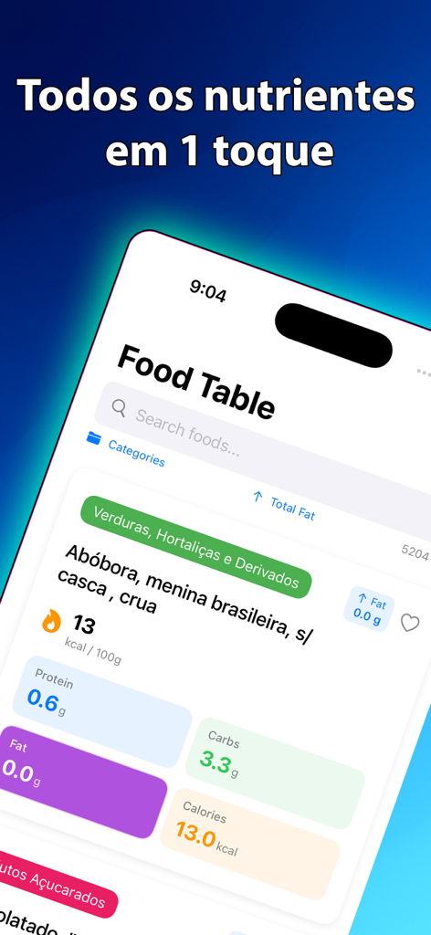 Screenshot of the Macros from Brazil app showing a detailed food table with nutritional values for pumpkin including proteins and calories