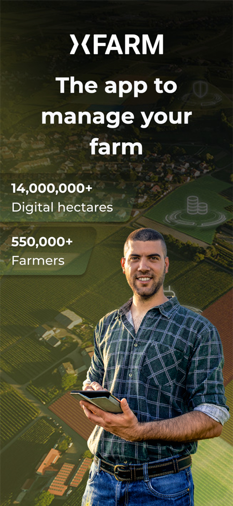 Un agricoltore che utilizza l'app di gestione xFarm su un tablet su campi agricoli digitali
