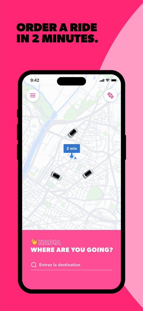Heetch ride hailing app interface showing a map and destination search bar