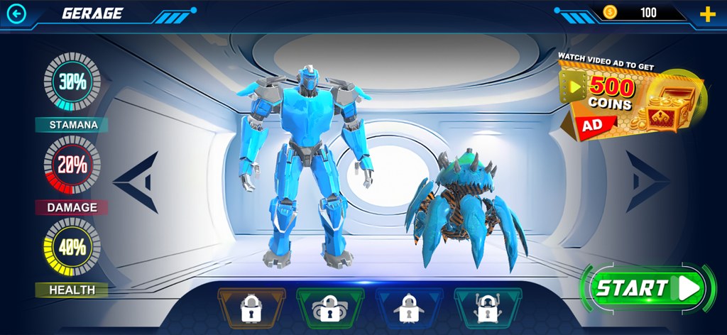 Robot Battle X-Rescue Bots War - Pantalla de garaje en Robot Battle X mostrando un robot humanoide azul y un robot araña con estadísticas de daño y salud de resistencia