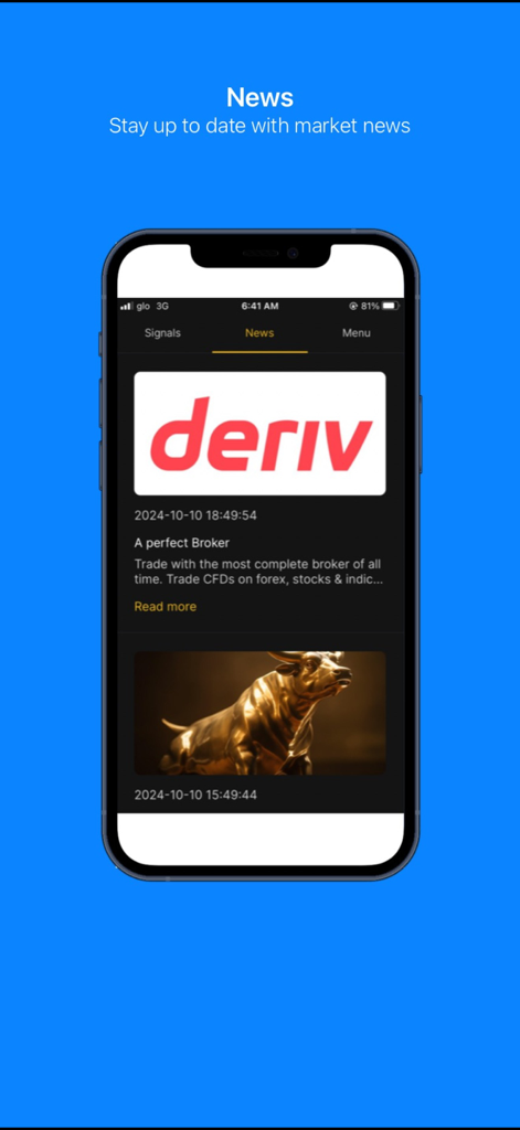 The news screen of the Gold Signals trading app displaying market updates.
