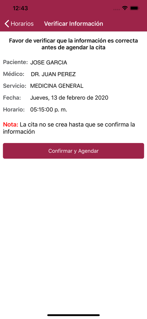 Mi ISSSTECALI - Verification screen for scheduling a medical appointment in the Mi ISSSTECALI app showing patient and doctor details