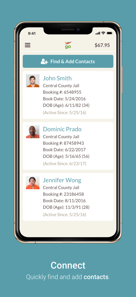 GettingOut Visits mobile app interface displaying a list of inmate contacts for video visitation