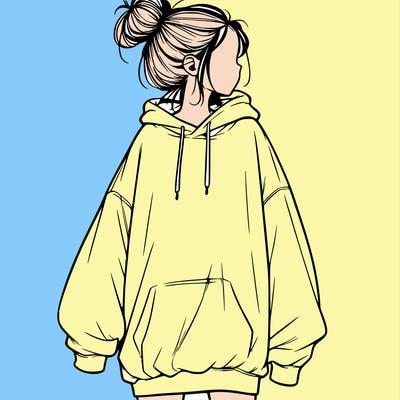 realistic girl with a oversized sweatshirt on and a bun