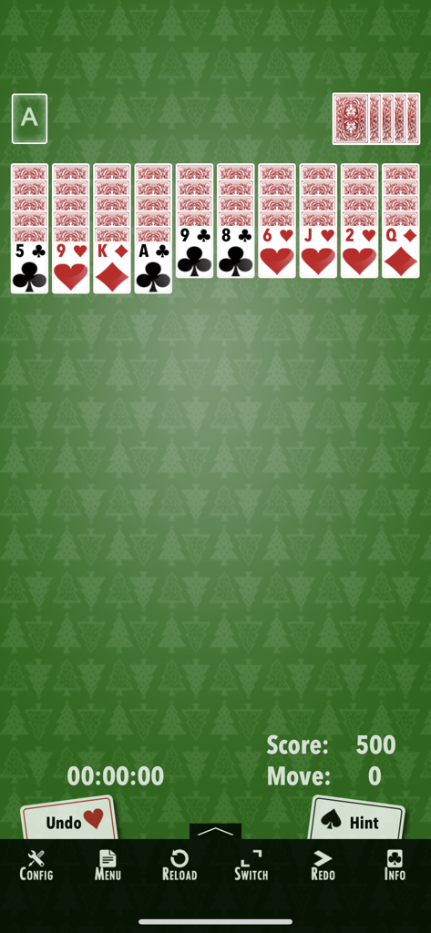 Classic Spider Solitaire game interface on a mobile screen