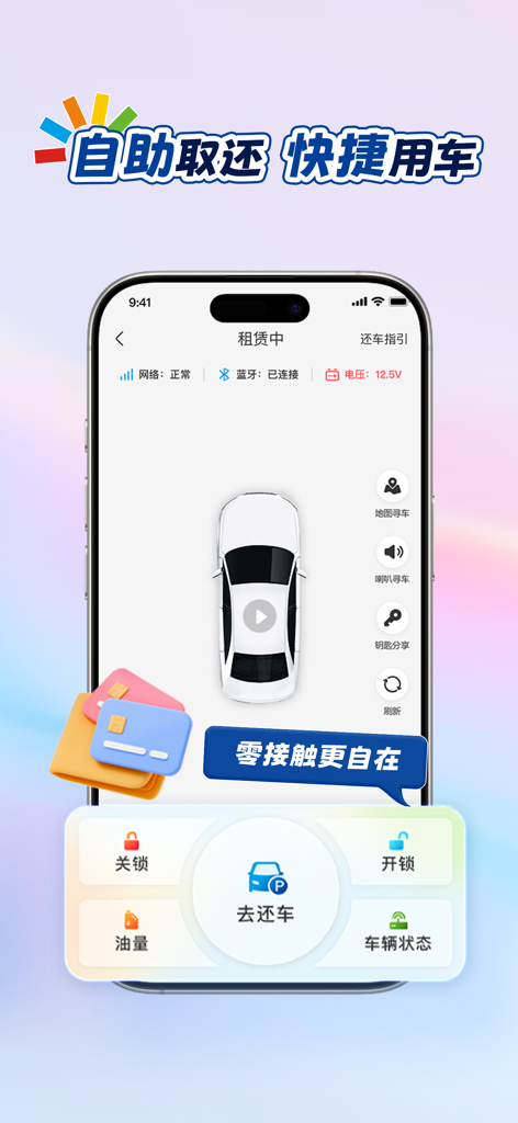 耀东方租车 - Yao Dongfang Car Rental app screenshot showcasing self-service pickup and remote vehicle control buttons
