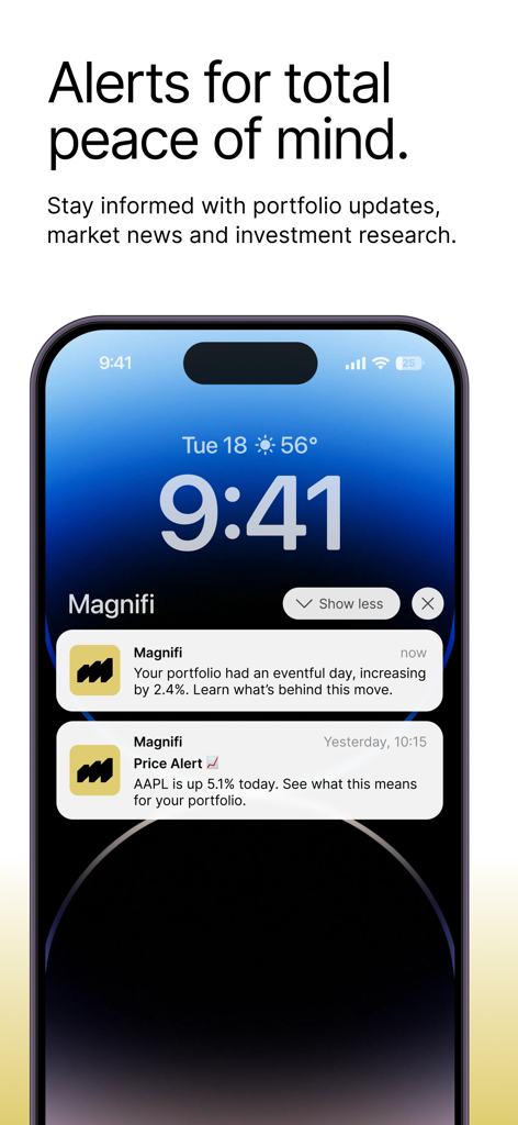 Magnifi: Invest with AI - Magnifi app notifications on an iPhone showing portfolio updates and stock price alerts for peace of mind