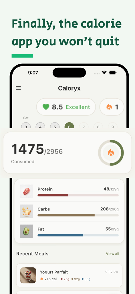 Caloryx: AI Calorie Tracker - Caloryx app dashboard showing daily calorie intake and macronutrient breakdown